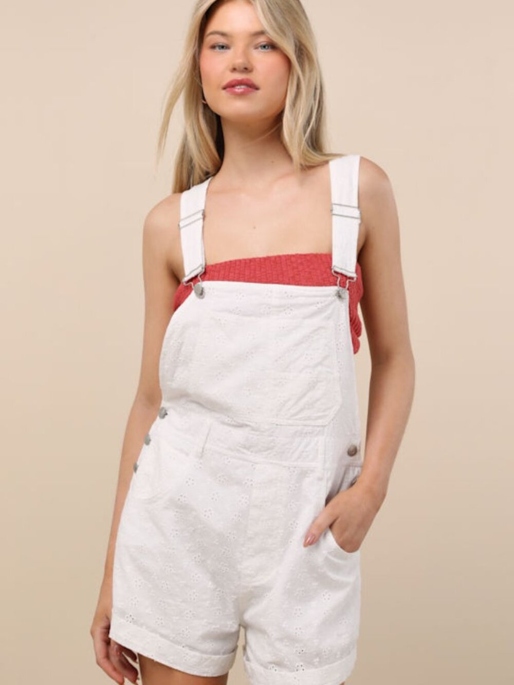 Lulus Averley White Eyelet Embroidered Shortalls - Size M